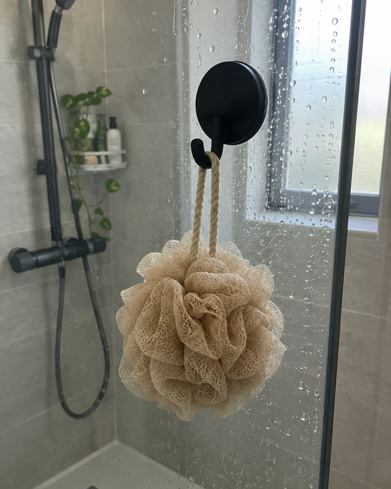 Gancio Wove nero su una parete doccia in vetro con una spugna beige