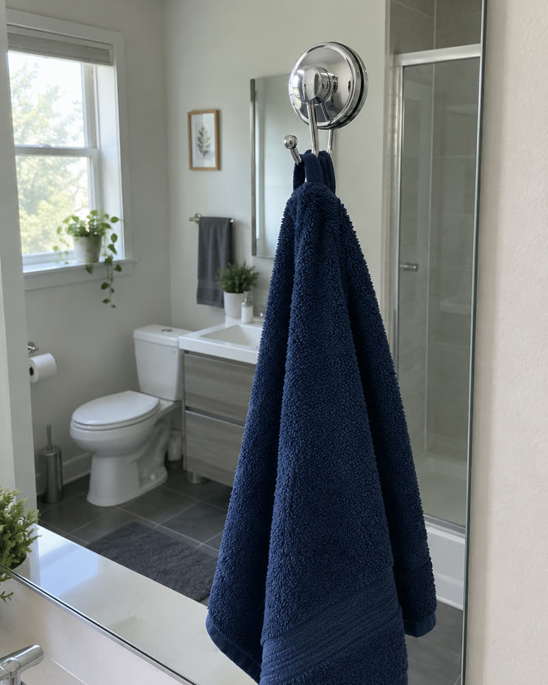 Gancio Wove cromato su uno specchio del bagno con un asciugamano blu scuro