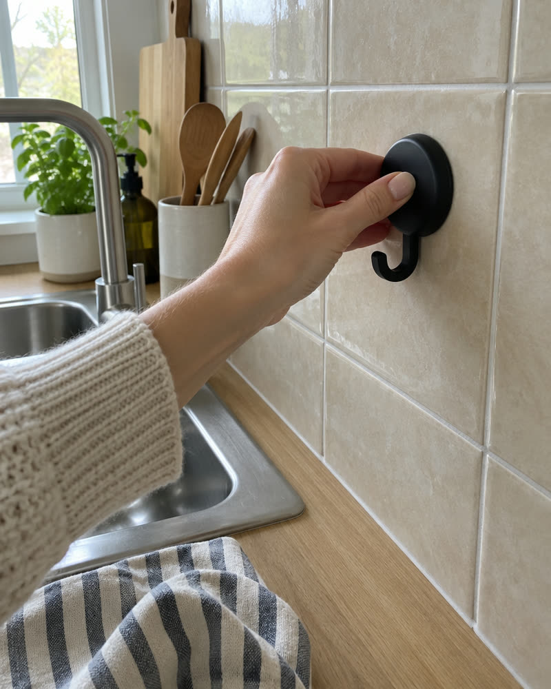 Mano che fissa un gancio Wove nero su piastrelle beige della cucina
