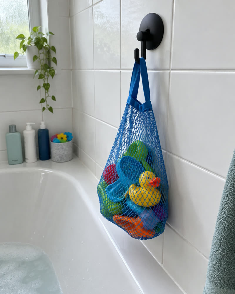 Gancio Wove nero sopra una vasca da bagno con una retina piena di giochi da bagno