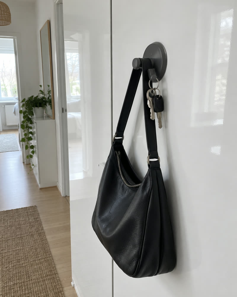 Gancio Wove gunmetal su un'anta bianca dell'armadio con una borsa nera e delle chiavi