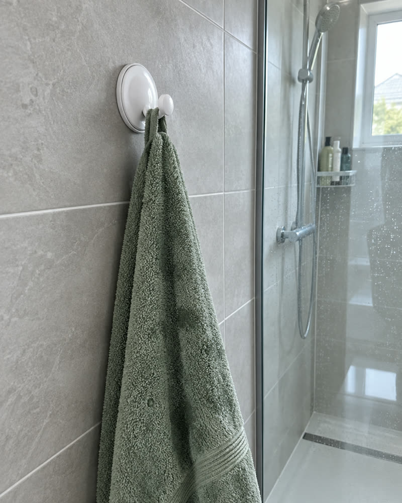 Gancio Wove bianco artico su piastrelle grigio chiaro con un asciugamano verde salvia