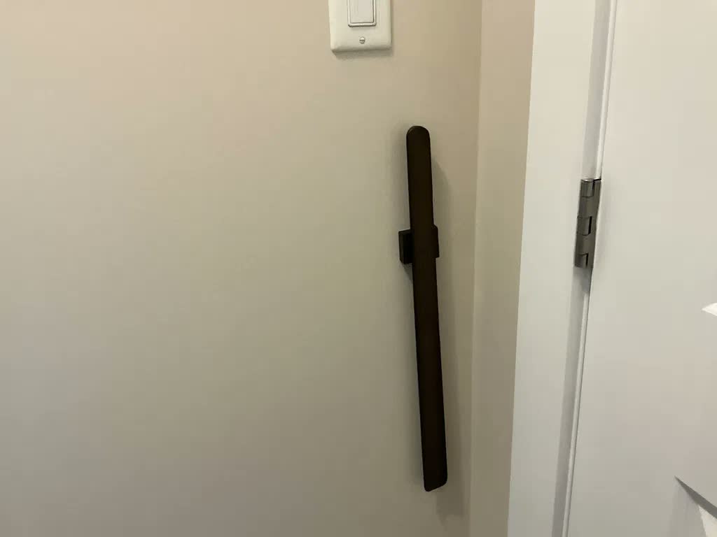 Calzascarpe quasi nero su una parete beige accanto a una porta bianca, con un interruttore della luce sopra